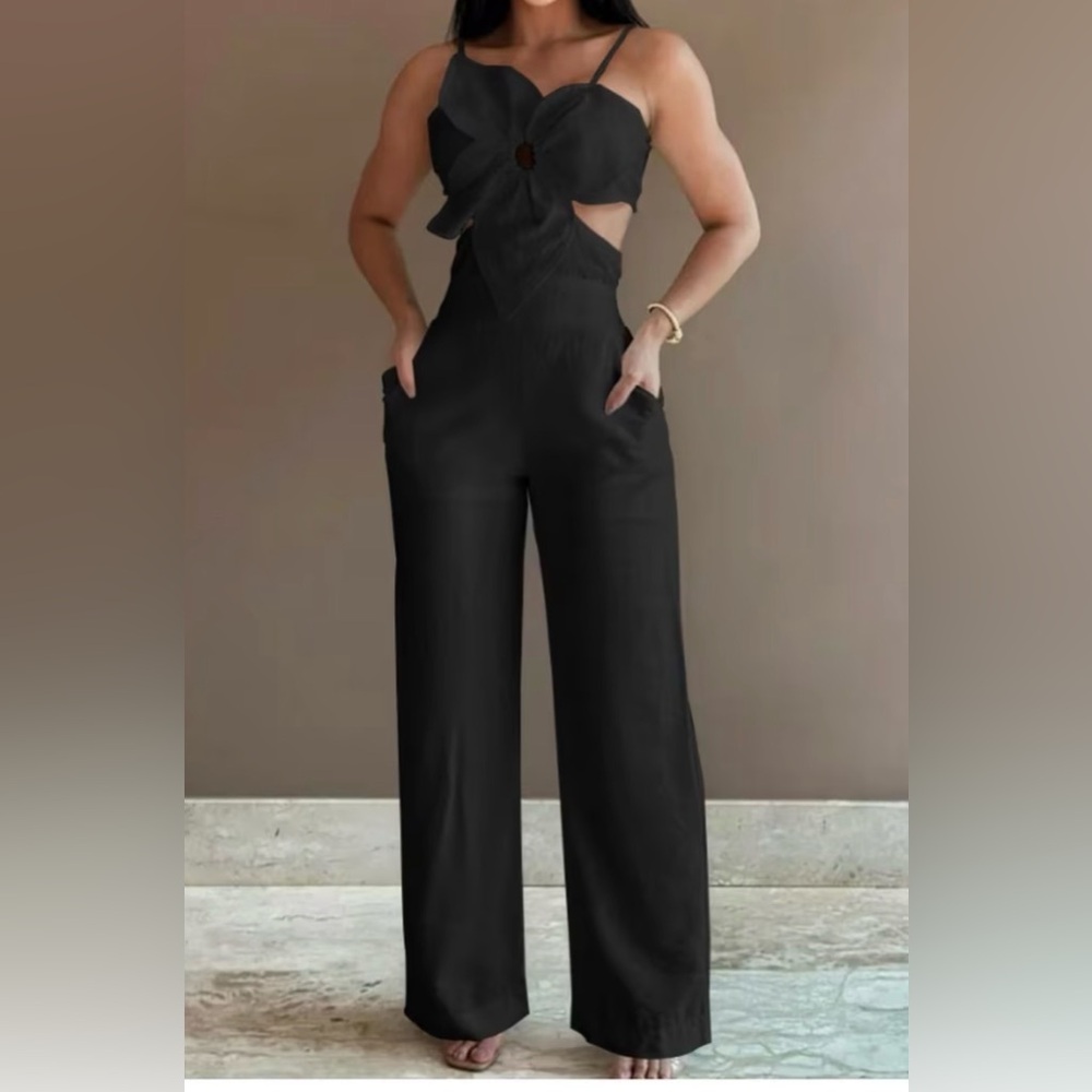 Women’s Wide-Leg Jumpsuit - Black with flower accent on the front